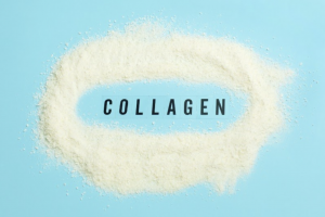 Image of collaged powder with the word collagen